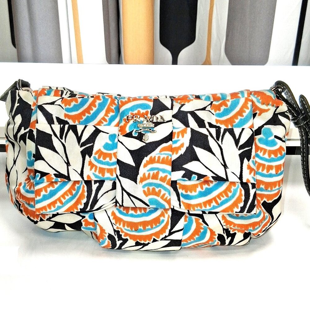 Vintage Prada Mini Wristlet Handbag Clutch White, Orange, Blue, Tropical Floral